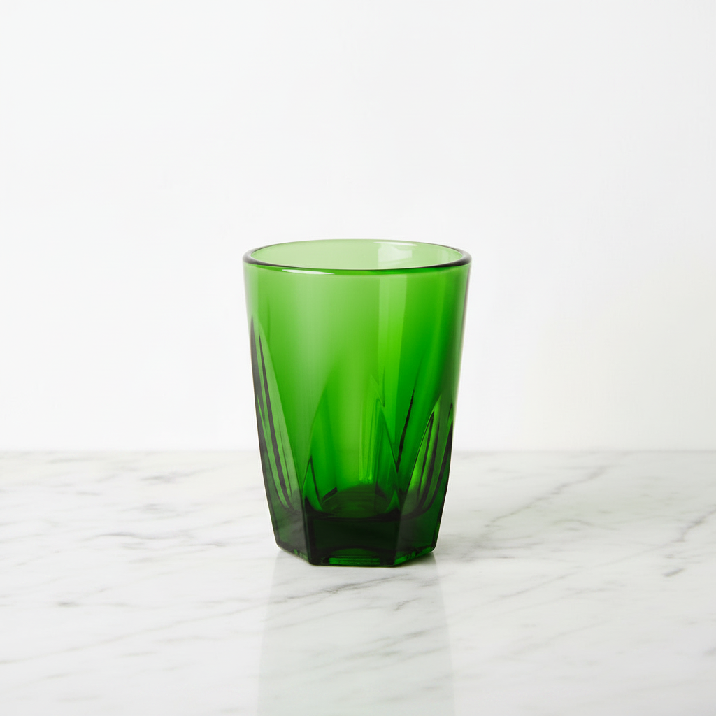 Vero latte Glass 12oz in emerald — empty, handmade faceted glass on marble surface