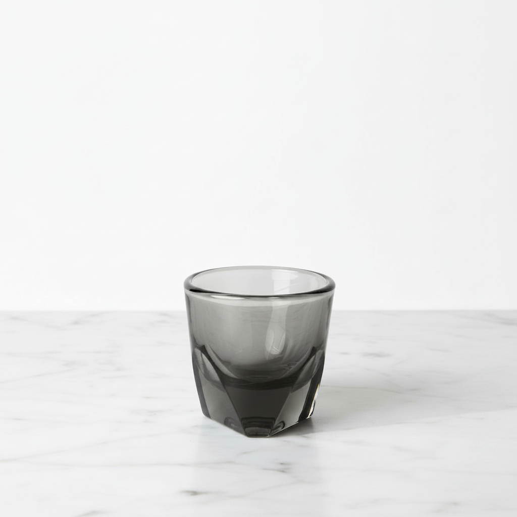 A smoke colored Vero espresso 3 oz. glass on a light background.