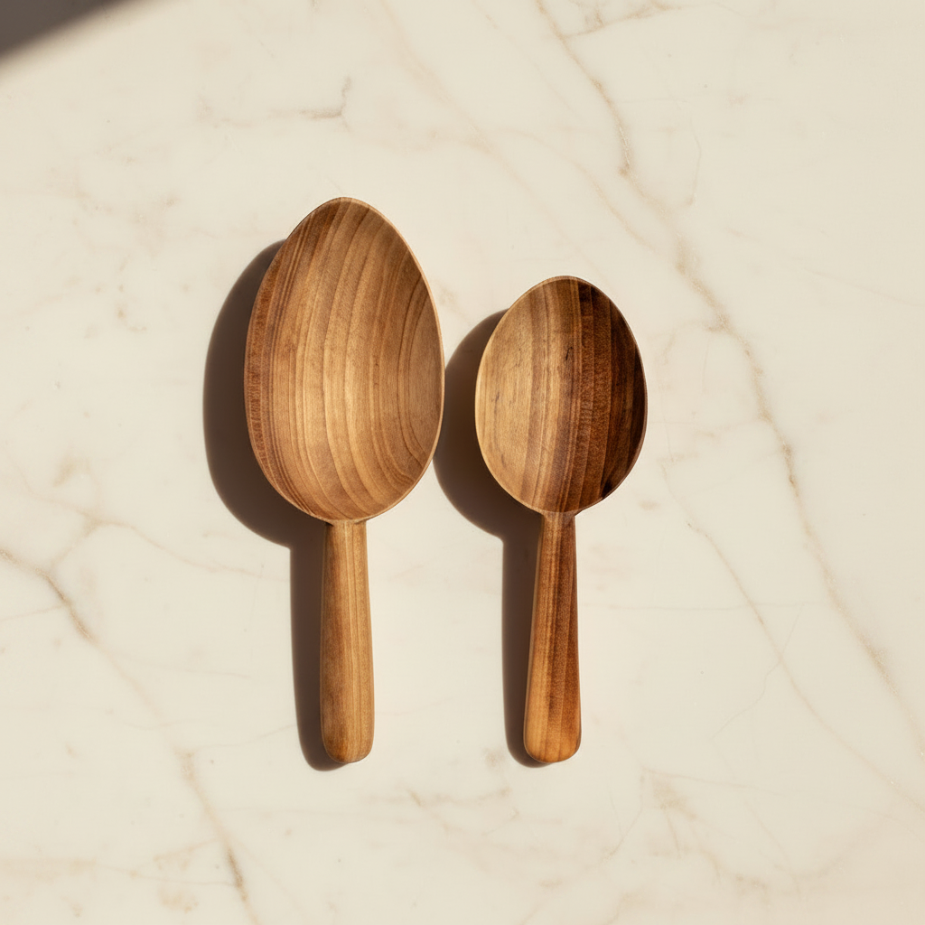 Walnut Scoop Spoons Set of 2 on a light surface.
