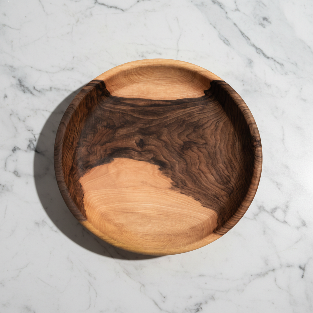 One large Une Vie Nomade walnut bowl shaped tray on a marble surface.